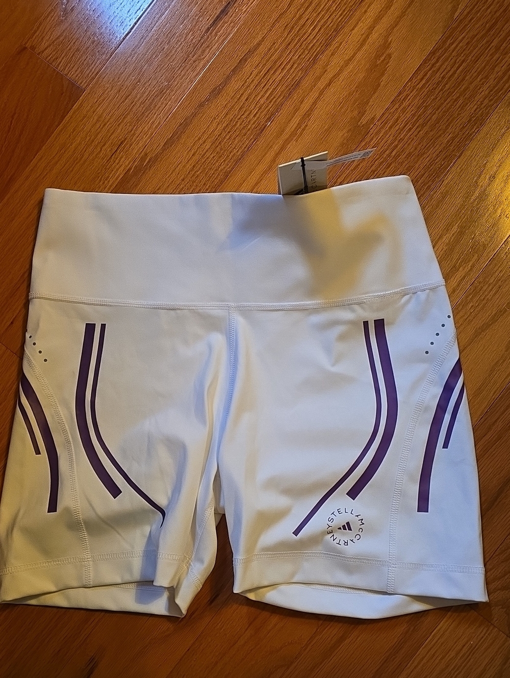 Stella McCartney White Bike Shorts with Purple Stripes
